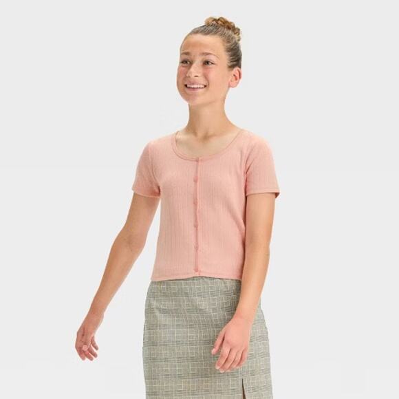 Art Class Girls Medium 8 Button Front Shirt Top Light Pink Scoop Neck Ribbed NEW - Picture 1 of 6